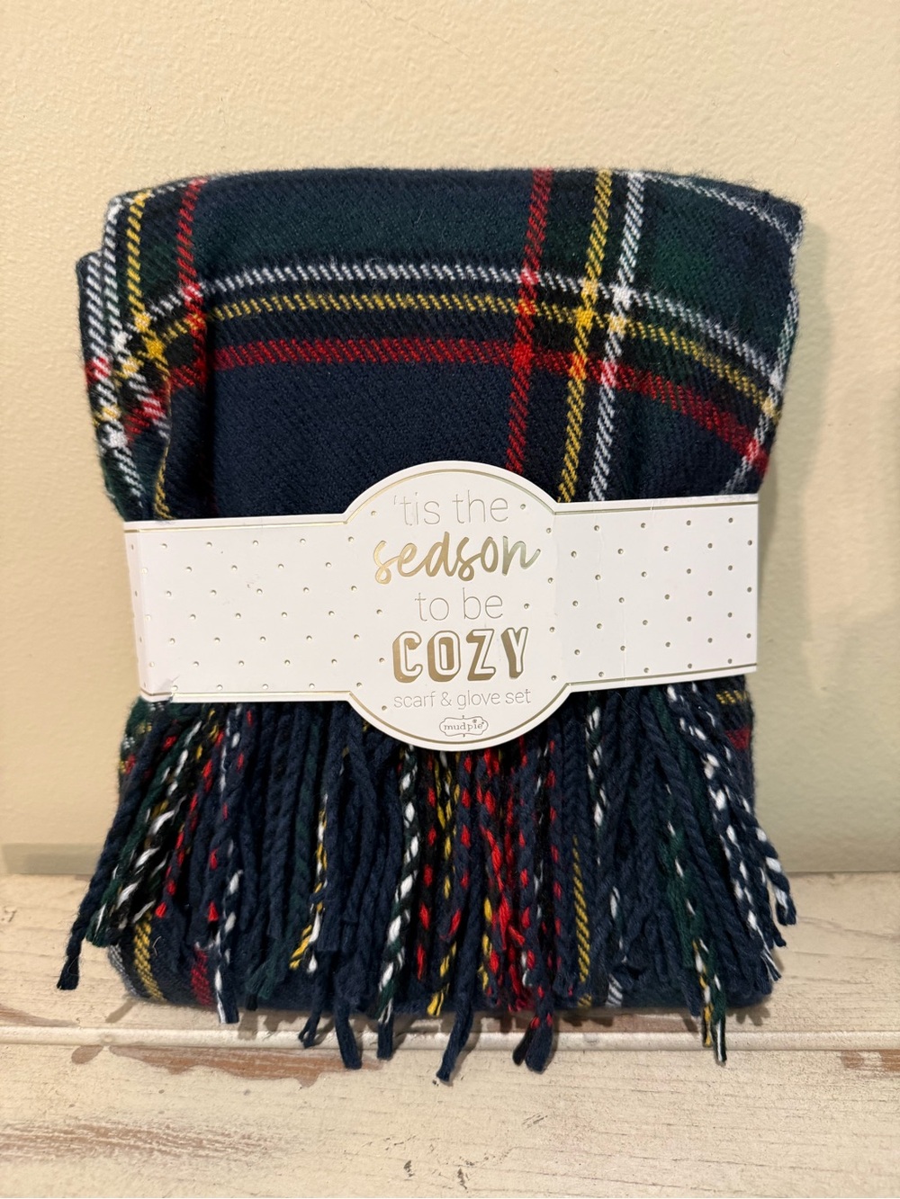 Mud Pie Navy Plaid Fringe Scarf - 68" x 20" - Classic Holiday Tartan